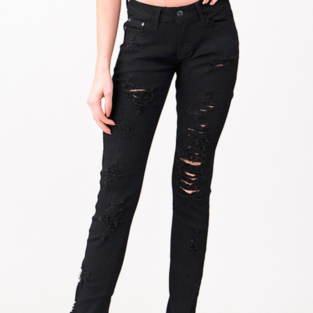 NWT  Black Denim Mid Rise Distressed Jean - Picture 6 of 7
